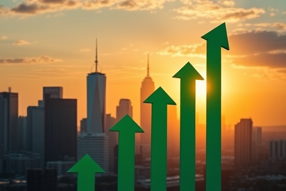 vibrant finance growth, optimistic expression, observing upward trend, photorealistic, city skyline in the background, highly detailed, arrows pointing up, 85mm lens, green and blue color scheme, golden hour lighting, shot with a 50mm camera lens.
