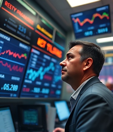 varied refinancing rates, curious man, examining, photorealistic, bank environment with digital screens, highly detailed, fluctuating graphs on screens, wide-angle lens, muted colors, fluorescent lighting, shot with a wide-angle lens