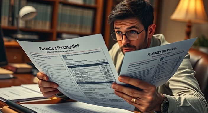 competitive financing rates, curious expression, comparing various loan agreements, photorealistic, financial consultant's office, highly detailed, papers scattered on a desk, high bit depth, earthy tones, desk lamp lighting, shot with a macro lens.