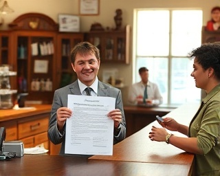 trustworthy auto loan, friendly, presenting a loan agreement, photorealistic, in a small community bank with rustic wooden counters and friendly tellers, highly detailed, documents neatly arranged, warm and inviting tones, afternoon lighting, shot with a 24mm lens.