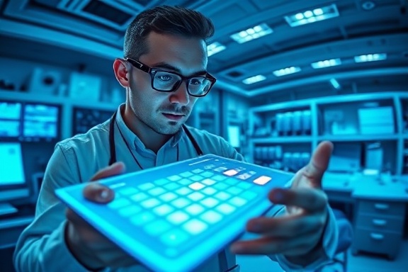 innovative financing calculator tool, engaged expression, exploring functionality, photorealistic, futuristic lab setting, highly detailed, interactive hologram display, ultra high definition, cool blue hues, laser lighting effects, shot with a fisheye lens.