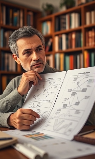 strategic finance planning, thoughtful expression, sketching strategies, photorealistic, cozy study room with bookshelves, highly detailed, flowcharts and graphs, 50mm lens, warm earthy colors, soft diffused lighting, shot with a macro lens.