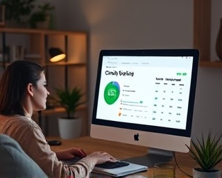 improved creditfriendly score, relieved, making a payment online, photorealistic, in a comfortable study with a desktop computer, highly detailed, credit report chart open, deep shades, task lighting, shot with a 50mm lens.