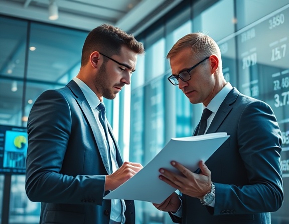 modern auto finance, determined, analyzing digital data, photorealistic, within a sleek corporate office with glass walls and digital displays, highly detailed, papers and screens reflecting numbers, crisp resolution, blue-gray color palette, natural sunlight streaming in, shot with a 35mm lens.