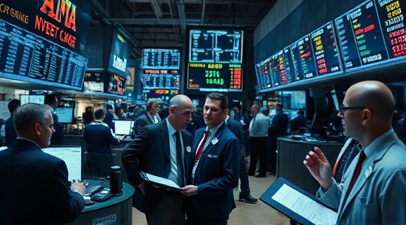 busy finance markets, exchange of shares, brokers on the floor, photorealistic, urban trading floor bustling with telecommunication devices and electronic boards updating in real-time, highly detailed, hand gestures highlighting negotiations, cool monocular colors, dynamic indoor lighting, shot with a 24-70mm lens.