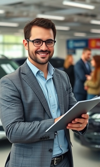 confident car finance advisor, analytical, presenting, photorealistic, dealership showroom backdrop with car models, highly detailed, bustling activity with potential buyers, crisp image quality, natural colors, directional spot lighting, shot with an 85mm lens.