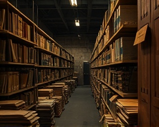 historical finance records, nostalgic, browsing through old archives, photorealistic, in a dimly lit archive room with yellowed papers and aged furniture, highly detailed, cobwebs and scattered files, muted earth tones, low-key lighting, shot with a 50mm lens.