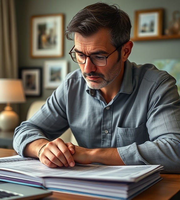 reliable financing rate analysis, critical expression, deep in thought over spreadsheets, photorealistic, sophisticated home study, highly detailed, family photo frames in background, finely tuned contrast, muted greens, traditional task lighting, shot with a medium format camera.