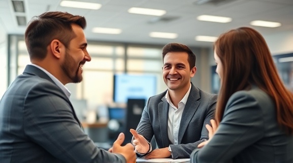 friendly auto finance consultant, reassuring, advising, photorealistic, sleek modern office with digital screens, highly detailed, lively interaction with clients, ultra-high resolution, neutral hues, soft diffused lighting, shot with a 28mm lens.