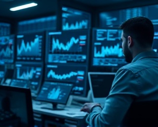 comprehensive auto credit, focused, reviewing credit scores, photorealistic, at a modern financial institution with sleek screens and digital analytics, highly detailed, scrolling charts and graphs, monochrome bluish hues, backlit by computer screens, shot with a 28mm lens.