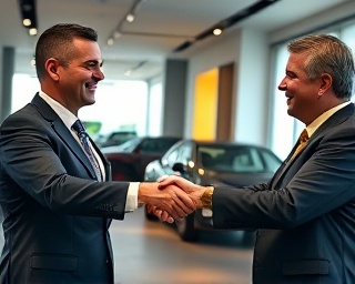 desirable auto financing package offers, optimistic expression, successful conclusion of negotiation, photorealistic, elegant business suite, highly detailed, celebratory handshakes, full spectrum color, delicate daylight, shot with a pancake lens.