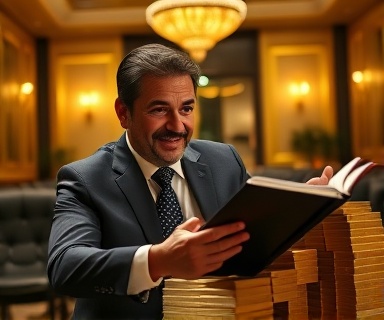 luxurious finance wealth, satisfied expression, evaluating portfolio, photorealistic, luxurious corporate boardroom, highly detailed, stacks of currency and gold bars, 16mm lens, gold and black color palette, overhead spotlighting, shot with a telephoto lens.