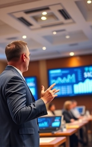 strategic financing investment strategy, determined, presenting pitch, photorealistic, bright conference room with digital presentations, highly detailed, animated charts and graphs, engaging dynamics, vibrant primary colors, direct spotlight, shot with a 70mm lens.