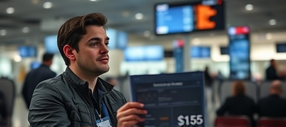 custom financing options, relaxed expression, analyzing preset information, photorealistic, airport lounge setting, highly detailed, digital displays in the background, 10 bit color, minimalist gray tones, diffused lighting, shot with a 35mm camera lens.