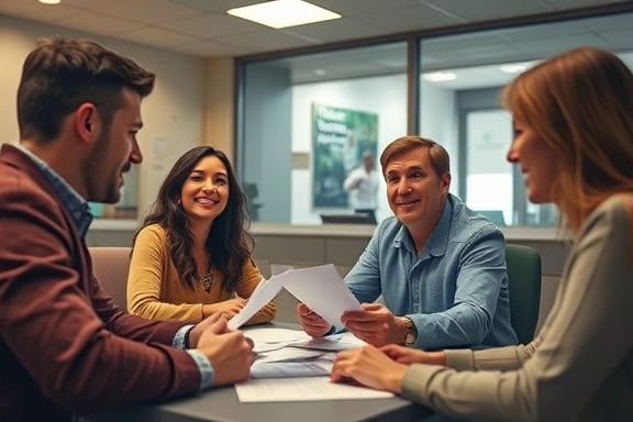diverse vehicle loan applicants, hopeful, negotiating, photorealistic, cozy bank office with personal financial documents, highly detailed, animated discussions and body language, precise detail, balanced warm and cool tones, gentle ambient light, shot with a 24-70mm lens.