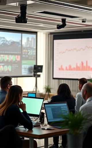 insightful markets trends, analytical focus, analysts predicting movements, photorealistic, conference room with projection screens displaying trend reports, highly detailed, collaborative discussion and strategic planning, natural saturation, soft afternoon lighting, shot with an 85mm lens.