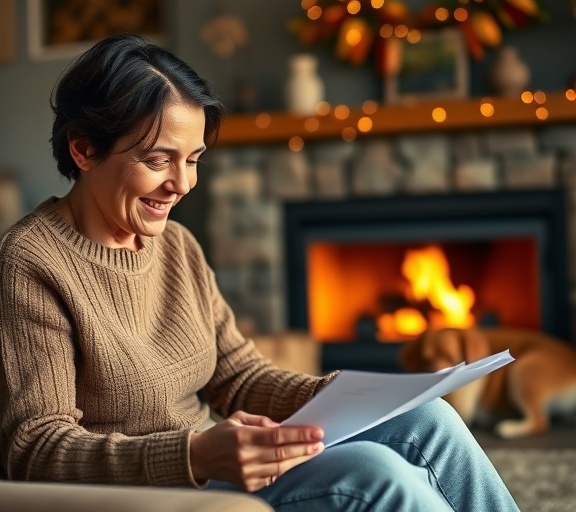 simple auto financing, relieved expression, reviewing loan papers, photorealistic, cozy living room setting, highly detailed, dog asleep by fireplace, bokeh effect, warm autumn palette, soft natural lighting, shot with an 85mm prime lens.