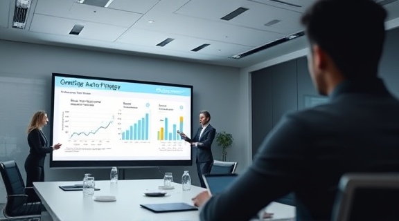 optimizing auto financing plans, analytical expression, developing budget strategies, photorealistic, conference room with panoramic view, highly detailed, charts projected on a smart board, full frame resolution, monochromatic theme, focused spotlight lighting, shot with an 85mm camera lens.