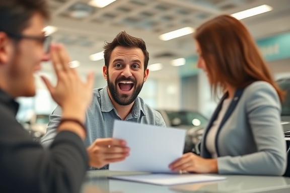 easy financing approval, surprised and happy expression, signing documents, photorealistic, dealership showroom environment, highly detailed, motion blur of waving sales associate, high resolution, warm tones, overhead LED lighting, shot with a 24mm camera lens.