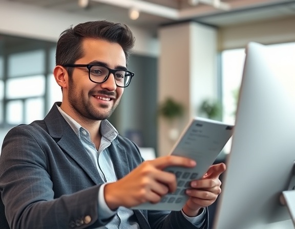 customer-friendly auto financing options, confident expression, browsing through financing calculators, photorealistic, modern office interior, highly detailed, showing screen reflections, shallow depth of field, neutral colors, soft ambient lighting, shot with a 50mm camera lens.