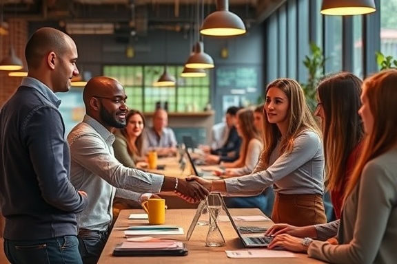 innovative financing business concept, confident, shaking hands, photorealistic, vibrant co-working space filled with digital devices, highly detailed, diverse group of entrepreneurs, immersive elements, warm earthy colors, ambient lighting, shot with a 35mm lens.