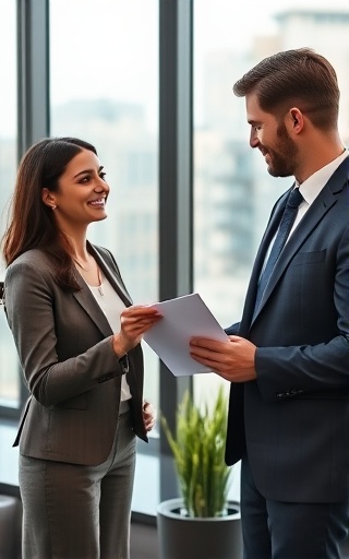 expert refinancing advice, determined couple, receiving, photorealistic, modern office with city view, highly detailed, financial advisor handing over documents, prime lens, soft colors, ambient lighting from large window