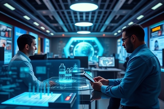 dynamic dealer network, interconnectedness, brokers communicating via technology, photorealistic, futuristic office space with high-tech displays and holograms, highly detailed, dynamic collaboration, tilt-shift lens for depth effect, vibrant hues, cool ambient lighting, shot with a Nikon D850.