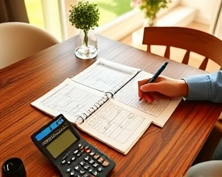 steady creditfriendly finance, strategic, reviewing budget plans, photorealistic, at a dining table with open financial journals, highly detailed, calculator and pen at hand, warm color palette, afternoon sunlight, shot with a 24mm lens.