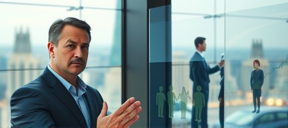 tailored auto financing solutions, determined expression, consulting with a financial advisor, photorealistic, skyscraper view through window, highly detailed, animated figures on glass board, 4k resolution, cool colors, afternoon light filtering in, shot with a 70-200mm camera lens.