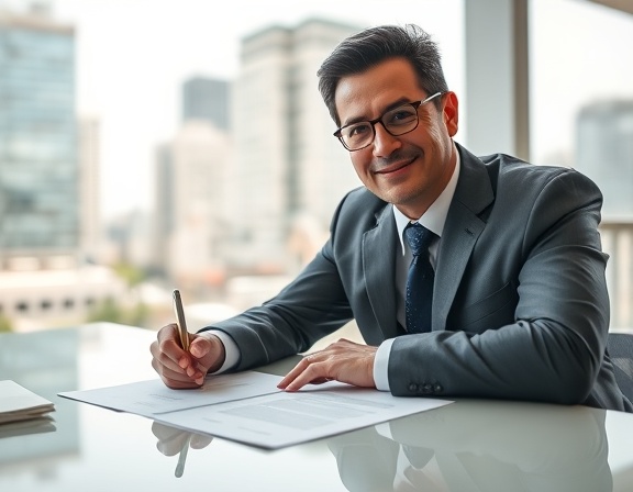 secure creditfriendly loan, confident, signing documents, photorealistic, in a sunny bank office with city view, highly detailed, loan officer handing a pen, crisp focus, neutral tones, daylight lighting, shot with a 35mm lens.