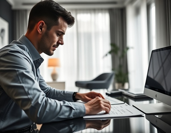 dynamic financing credit scenario, thoughtful, inputting data, photorealistic, sleek home office environment with modern decor, highly detailed, financial documents on desk, engaging narrative, monochrome palette with accent colors, sharp focus, shot with an 85mm lens.