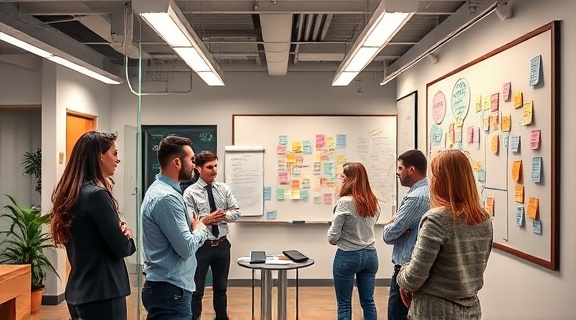 pioneering financing business startup, ambitious, brainstorming session, photorealistic, open-plan office with idea boards and post-its, highly detailed, creative team members, collaborative atmosphere, bright colors, overhead LED lighting, shot with a 28mm lens.