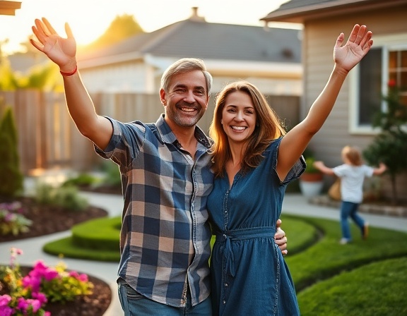 beneficial refinancing benefits, happy couple, celebrating, photorealistic, suburban backyard with garden, highly detailed, kids playing in the background, 50mm lens, bright colors, late afternoon sun, shot with a 50mm lens