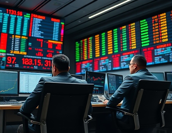 sophisticated markets trading, intense concentration, brokers exchanging commodities, photorealistic, modern trading room with multiple screens and ergonomic chairs, highly detailed, ticker symbols scrolling rapidly, seamless integration, crisp tones, daylight setting, shot with a 35mm lens.