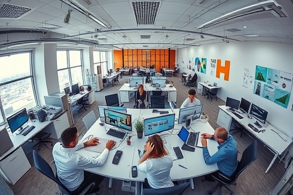 synergized dealer synergy, harmonious effort, working in unison on a project, photorealistic, open-plan office with collaborative workstations and digital tools, highly detailed, dynamic exchange of ideas, fish-eye lens for wide view, pastel tones, soft overhead lighting, shot with a Fujifilm GFX 100.