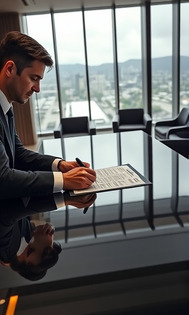 professional dealer agreement, formal commitment, signing a contract, photorealistic, elegantly designed boardroom with sleek furniture and panoramic windows, highly detailed, dynamic interaction, macro lens for document focus, monochrome with gold accents, directional daylight, shot with a Panasonic Lumix S1R.
