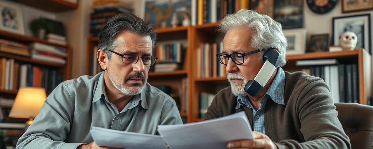 middle-aged couple, anxious, negotiating terms, photorealistic, cozy home office filled with books and memorabilia, highly detailed, a phone on speaker mode, warm earth tones, ambient lighting, shot with a 35mm lens.