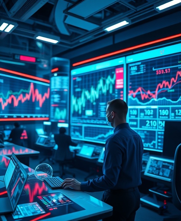 innovative finance history, visionary, predicting future finance trends, photorealistic, in a futuristic tech hub with holographic displays and virtual assistants, highly detailed, dynamic graphs surrounding, vibrant neon colors, digital focus lighting, shot with a 35mm lens.