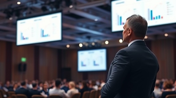 confident finance investment, analytical expression, presenting insights, photorealistic, professional seminar hall, highly detailed, projectors displaying charts, 70mm lens, formal black and white attire, spotlighting on stage, shot with a portrait lens.