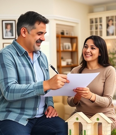 reliable financing mortgage solution, relieved, signing contract, photorealistic, cozy suburban house with family photographs on walls, highly detailed, couple holding pen and paper, storytelling aspect, pastel hues, soft natural light, shot with a 24mm lens.