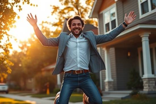 homebuyer receiving preapproval mortgage, joyful expression, jumping in excitement, photorealistic, suburban home neighborhood, highly detailed, leaves rustling in the wind, full-frame, warm colors, golden hour sunlight, shot with a 24-70mm lens.