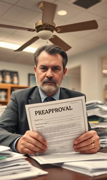 preapproval loan document, serious expression, signing on the dotted line, photorealistic, busy office with stacks of paperwork, highly detailed, ceiling fan moving, medium format, sepia tones, fluorescent lighting, shot with an 85mm lens.