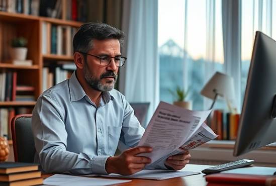 customer reading preapproval credit report, focused expression, sitting at a desk, photorealistic, study room filled with books and a computer, highly detailed, window curtains swaying gently, fast shutter speed, vibrant colors, soft evening light, shot with a 35mm lens.