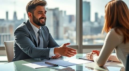 financial advisor discussing preapproval mortgage, reassuring expression, shaking hands with a client, photorealistic, bright conference room with city view, highly detailed, papers flying off the table, high resolution, cool colors, direct sunlight, shot with a 105mm lens.
